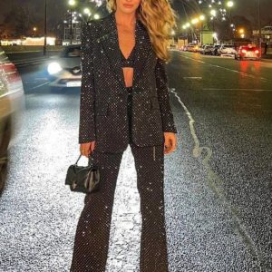 3 Piece Sets Blazer Pants Suits Women Black Bling Single Button Long Blazer Flared Pants Formal Sets High Quality