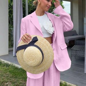 Sustain Loose Pink Cotton 2 Piece Sets Women Outfit 2024 Elegant Long Sleeve Blazer With High Waist Wide Pants Set Female