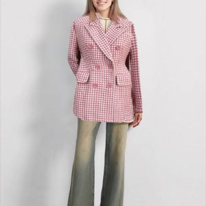 Classic Houndstooth Double-Breasted Blazer For Women