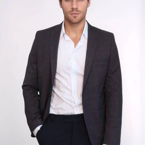 Checked Slim-Fit Dark Grey Men Blazer