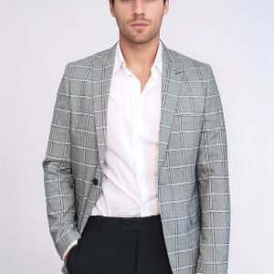 Checked Slim-Fit Grey Men Blazer