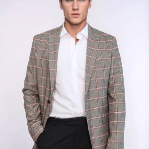 Checked Slim-Fit Grey Men Blazer
