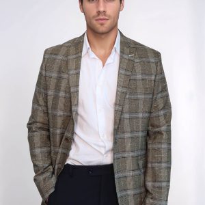 Checked Slim-Fit Beige Men Blazer