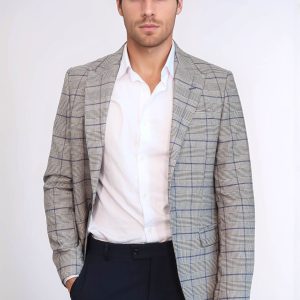 Slim-Fit Checked Beige Men Blazer