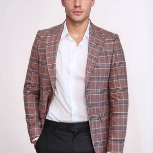 Checked Single Button Burgundy Men Blazer