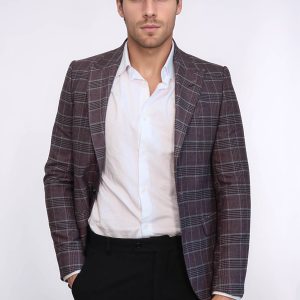 Slim-Fit Checked Burgundy Men Blazer