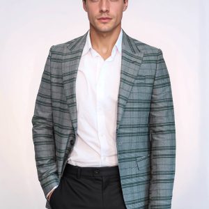 Checked Slim Fit Single Button Green Men Blazer