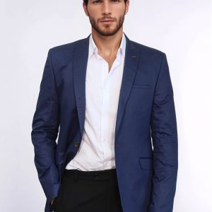 Single Button Cotton Mono Lapel Dark Blue Jacket