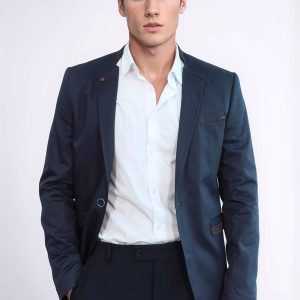 Single Button Standing Collar Navy Blue Men Blazer