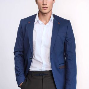 Single Button Standing Collar Navy Blue Men Blazer