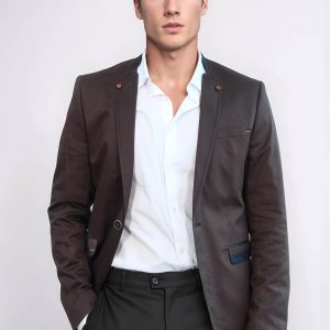 Single Button Standing Collar Brown Men Blazer