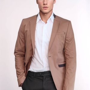 Single Button Standing Collar Beige Men Blazer