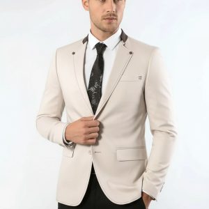 Single Button Standing Collar Cream Men Blazer