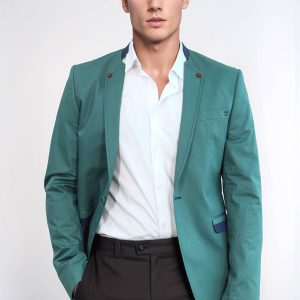 Single Button Standing Collar Green Men Blazer
