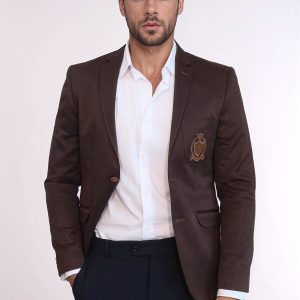 2 Buttons 3 Pockets Crested Cotton Brown Jacket