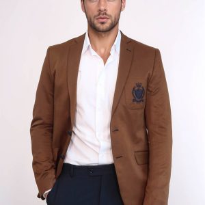 2 Buttons 3 Pockets Crested Cotton Tan Jacket