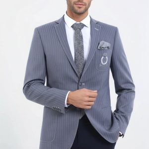 Striped Single Slit Crested Bag Pocket Grey Jacket