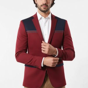 Collar Embroidery Combed Burgundy Men Jacket