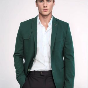 Double Buttons Shoulder Piece Mono Lapel Green Jacket