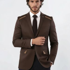 Double Buttons Mono Lapel Shoulder Piece Brown Jacket