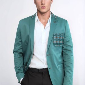 Double Buttons Knit Collar Mono Lapel Green Jacket