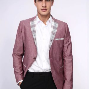 Pocket And Collar Plaid Mens Linnen Burgundy Blazer