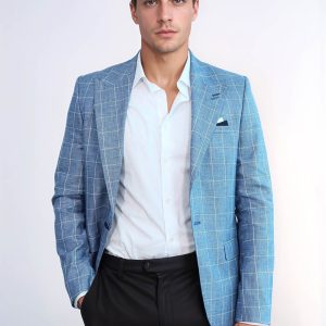 Single Button Wide Pointed Collar Blue Blazer