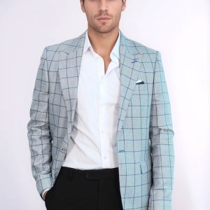 Single Button Pointed Collar Light Blue Blazer
