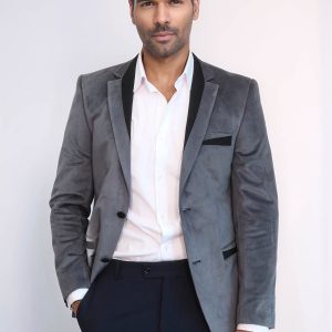 2 Buttons Pocket Piping Velvet Grey Jacket
