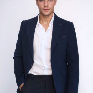 Single Button Pointed Collar Navy Blue Blazer