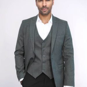 Grey Plain Blazer And Vest Set