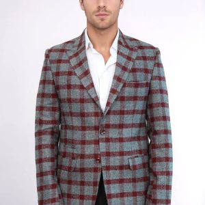Checked Peak Lapel Slim-Fit Burgundy Men Blazer
