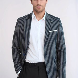 Navy Blue Striped Slim-Fit Blazer