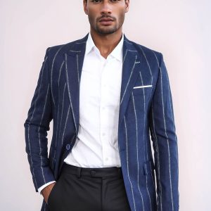 Striped Slim-Fit Navy Blue Men Blazer