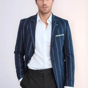 Striped Dark Blue Slim-Fit Blazer