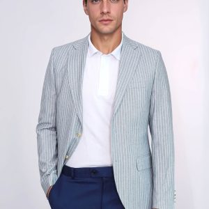 Light Blue Striped Linen Gold Metal Button Slim Fit Men's Blazer Jacket