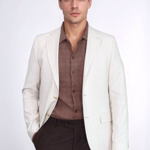 Cream Striped Linen Gold Metal Button Slim Fit Men's Blazer Jacket
