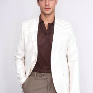 Ecru Striped Linen Gold Metal Button Slim Fit Men's Blazer Jacket