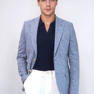 Dark Blue Textured Linen-Feel Gold Metal Button Slim Fit Men's Blazer Jacket