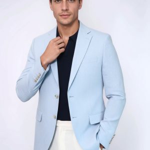 Light Blue Textured Linen-Feel Gold Metal Button Slim Fit Men's Blazer Jacket