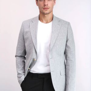 Grey Textured Linen-Feel Gold Metal Button Slim Fit Men's Blazer Jacket