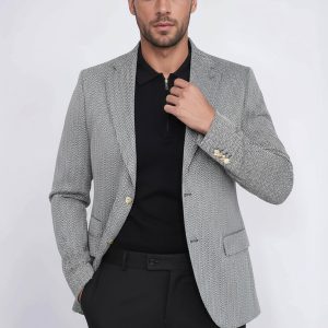 Black Herringbone Pattern Gold Metal Button Slim Fit Men's Blazer Jacket