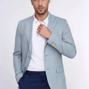 Light Blue Herringbone Pattern Gold Metal Button Slim Fit Men's Blazer Jacket
