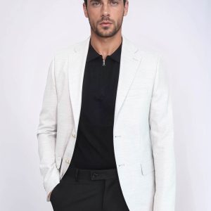Light Grey Herringbone Pattern Gold Metal Button Slim Fit Men's Blazer Jacket