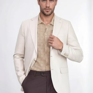 Beige Herringbone Pattern Gold MetalButton Slim Fit Men's Blazer Jacket