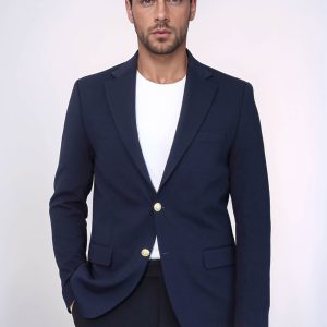 Navy Blue Textured Gold Metal Button Slim Fit Men's Blazer Jacket