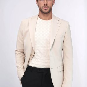 Beige Textured Gold Metal Button Slim Fit Men's Blazer Jacket