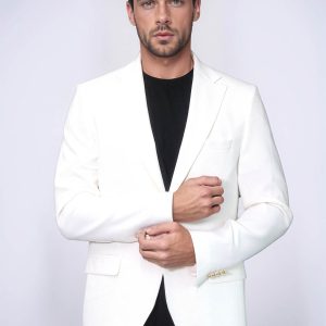 Ecru Textured Gold Metal Button Slim Fit Men's Blazer Jacket