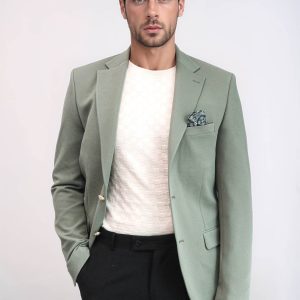 Sage Green Textured Gold Metal Button Slim Fit Men's Blazer Jacket