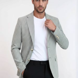 Light Grey Houndstooth Pattern Gold Metal Button Slim Fit Men's Blazer Jacket